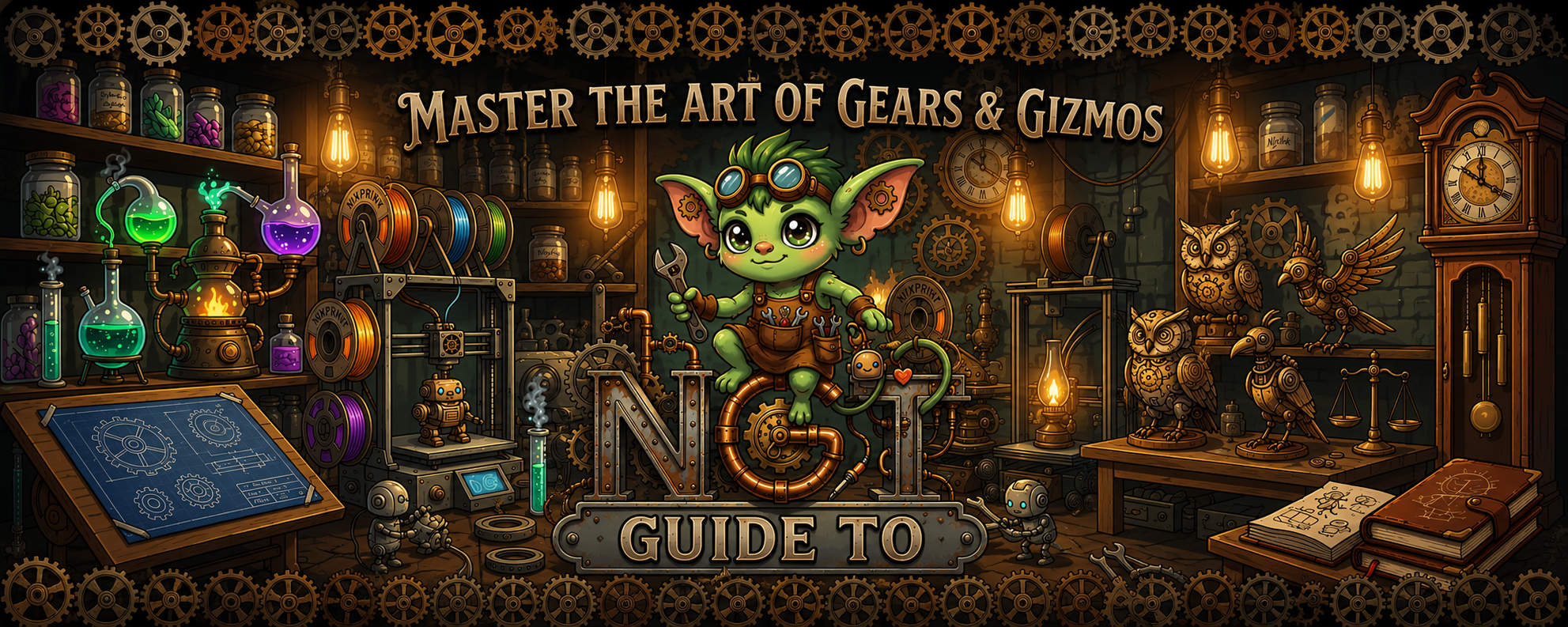 3D printing mascot Nix the Gremlin holding a precision-printed mechanical part, representing eccentric 3D prints and unique hardware supplies from Nix Guide To.